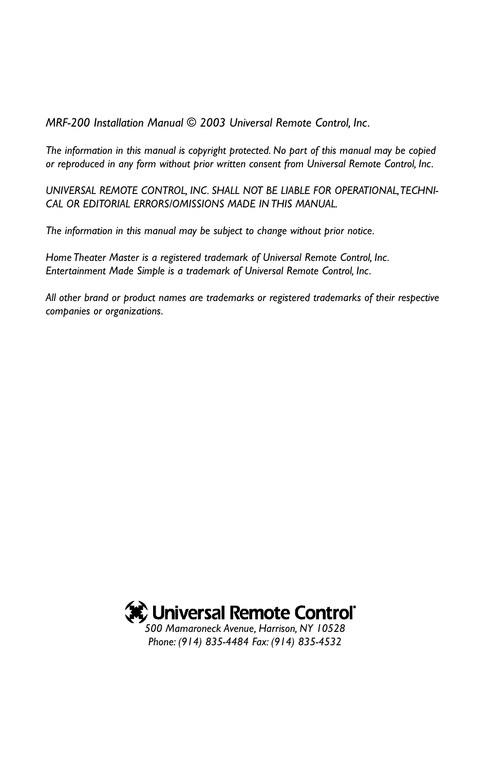 Universal Remote Control (URS) MRF-200 User Manual | Page 2 / 16