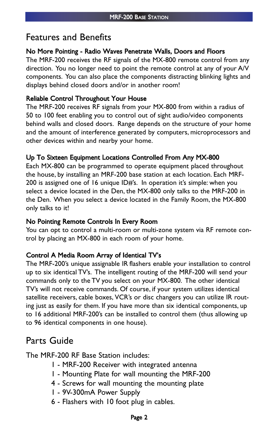 Features and benefits, Parts guide | Universal Remote Control (URS) MRF-200 User Manual | Page 5 / 16