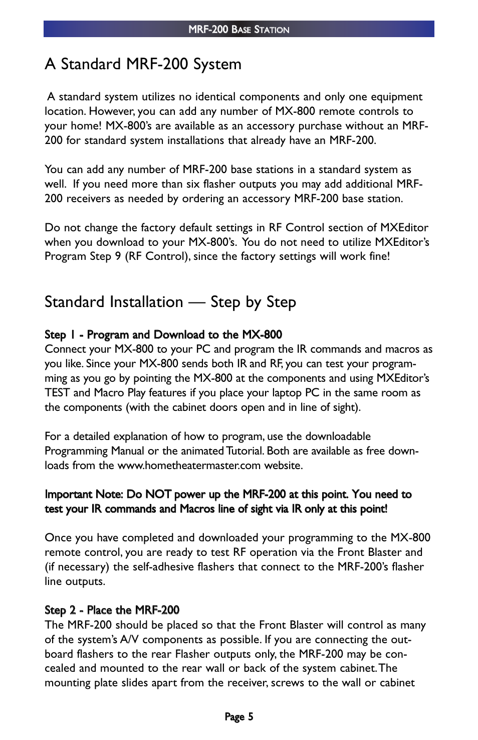 A standard mrf-200 system, Standard installation — step by step | Universal Remote Control (URS) MRF-200 User Manual | Page 8 / 16