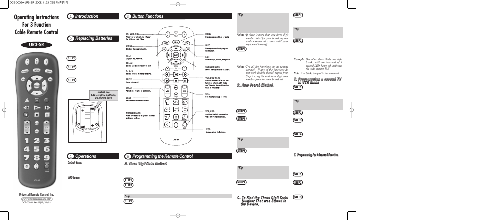 Universal Remote Control (URS) UR3-SR User Manual | 2 pages