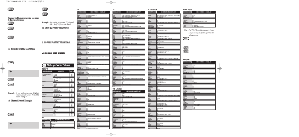 Set-up code tables 6, Vcr & tv/vcr, Dvd(vcr) | Cable tv | Universal Remote Control (URS) UR3-SR User Manual | Page 2 / 2