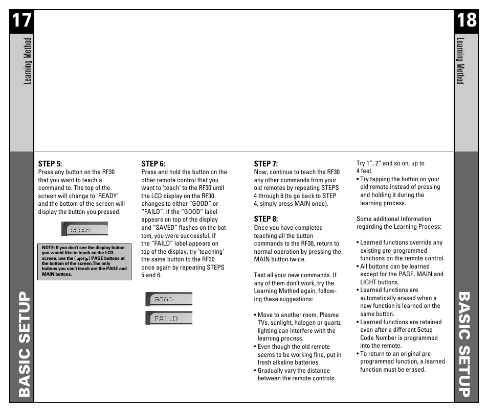 Basic setup, Lear ning method | Universal Remote Control (URS) RF30 User Manual | Page 10 / 35