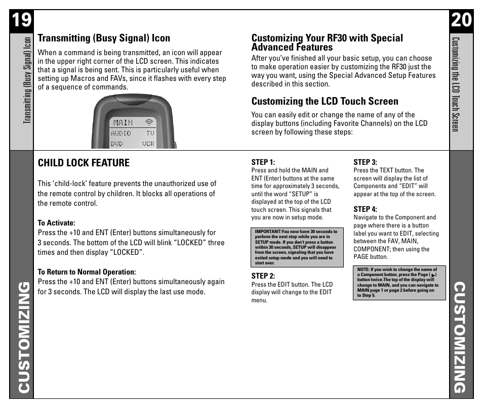 Customizing | Universal Remote Control (URS) RF30 User Manual | Page 11 / 35