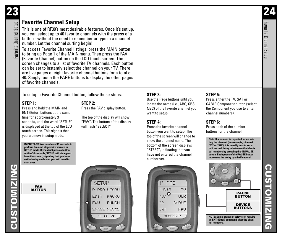 Customizing, Favorite channel setup | Universal Remote Control (URS) RF30 User Manual | Page 13 / 35