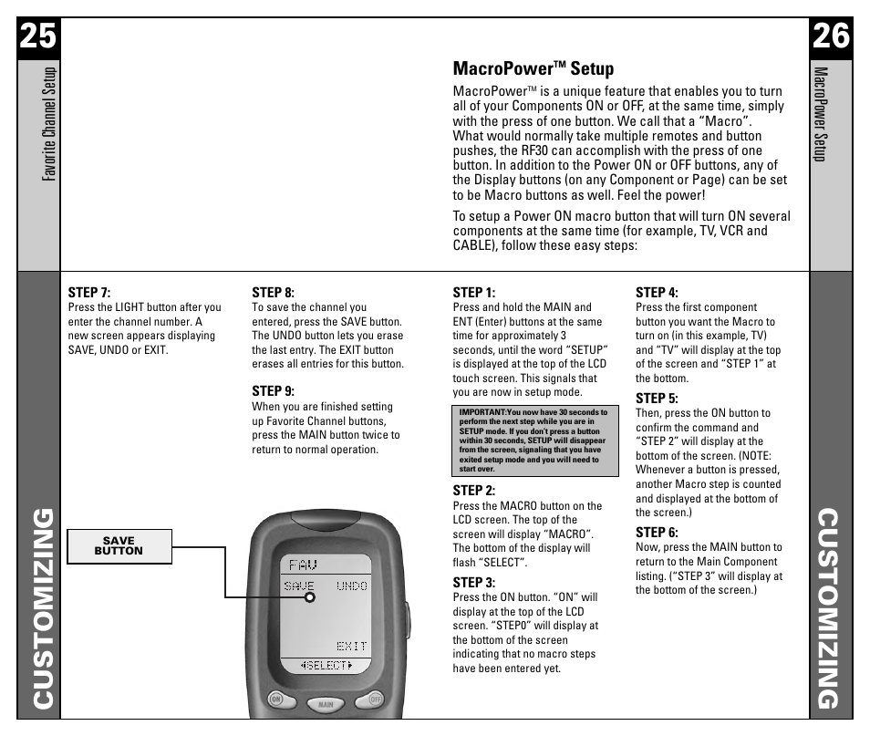 Customizing, Macropower, Setup | Universal Remote Control (URS) RF30 User Manual | Page 14 / 35