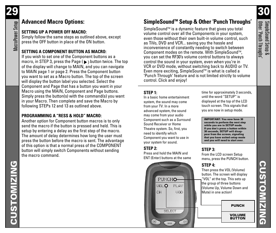 Customizing, Advanced macro options, Simplesound | Setup & other ‘punch throughs | Universal Remote Control (URS) RF30 User Manual | Page 16 / 35