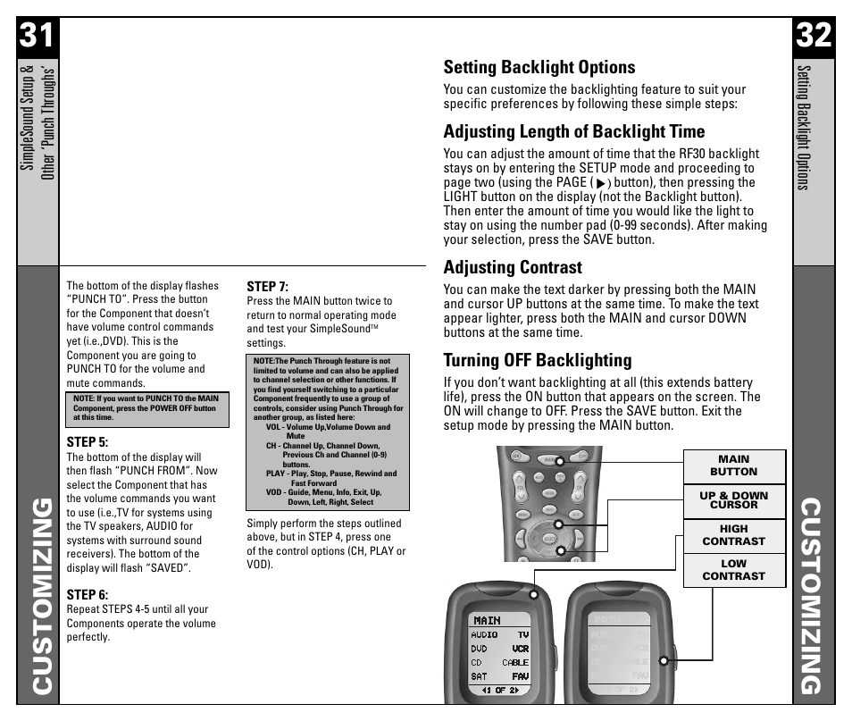 Customizing, Setting backlight options, Adjusting length of backlight time | Adjusting contrast, Turning off backlighting, Simplesound setup & other ‘punc h thr oughs, Setting bac klight options | Universal Remote Control (URS) RF30 User Manual | Page 17 / 35