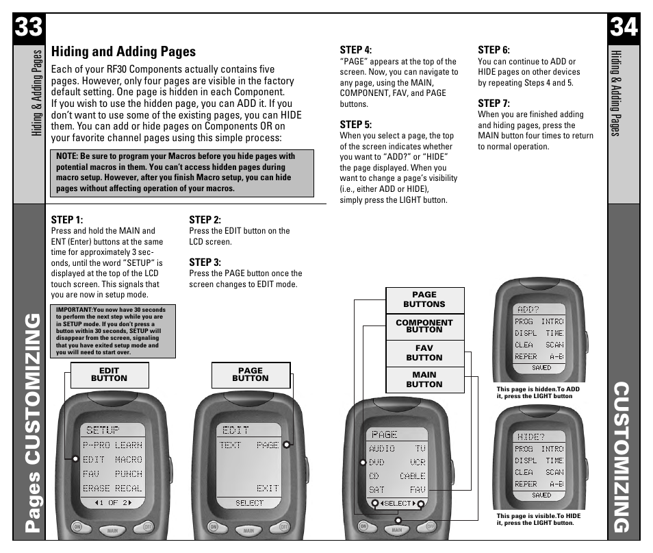 Pages customizing, Customizing, Hiding and adding pages | Hiding & adding pages | Universal Remote Control (URS) RF30 User Manual | Page 18 / 35