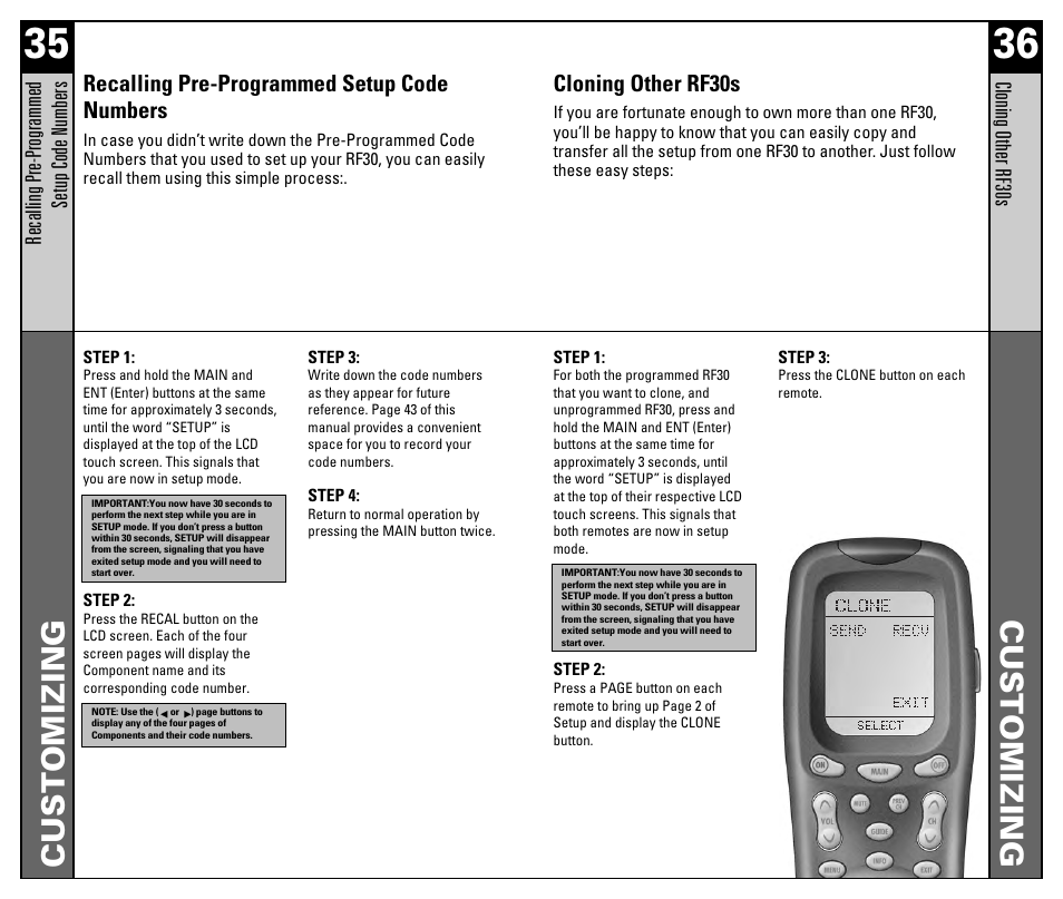 Customizing | Universal Remote Control (URS) RF30 User Manual | Page 19 / 35