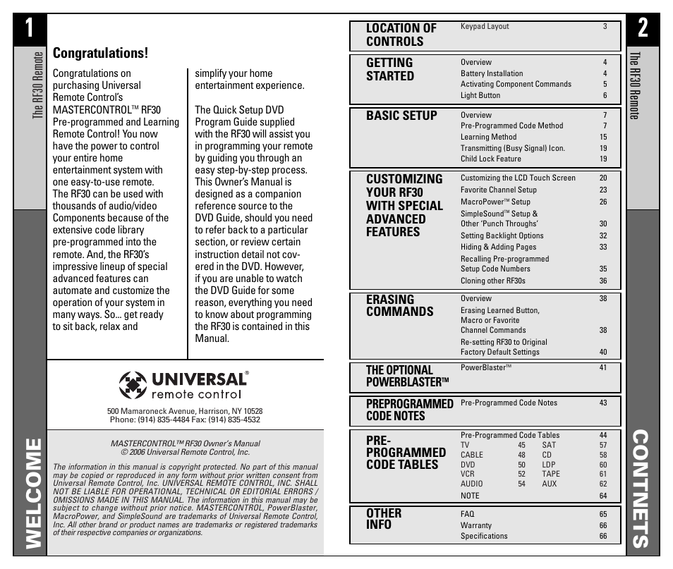 Welcome, Contnets, The rf30 remote | Location of controls, Getting started, Basic setup, Erasing commands, The optional powerblaster, Pre- programmed code tables, Other info | Universal Remote Control (URS) RF30 User Manual | Page 2 / 35