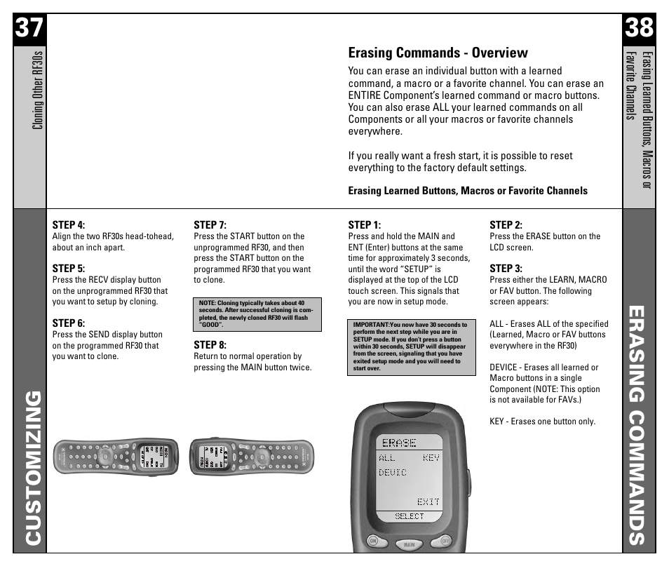 Customizing, Erasing commands | Universal Remote Control (URS) RF30 User Manual | Page 20 / 35
