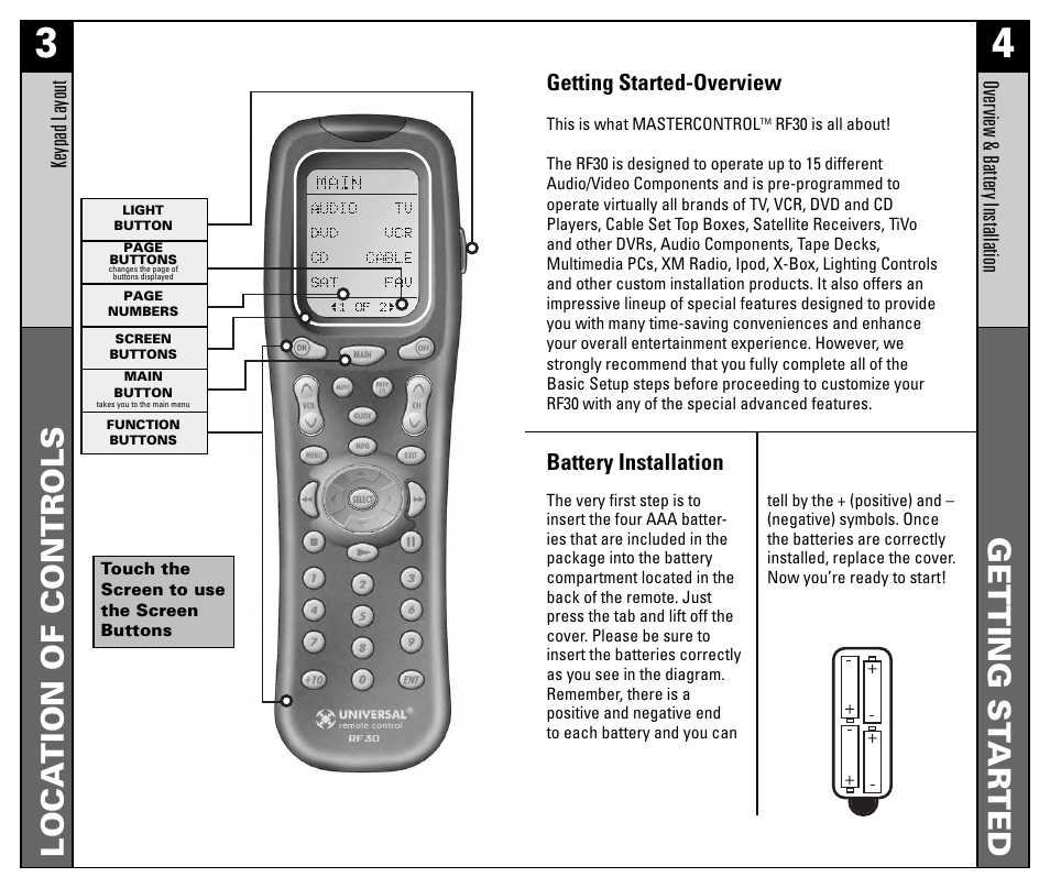 Loca tion of controls, Getting st ar ted | Universal Remote Control (URS) RF30 User Manual | Page 3 / 35