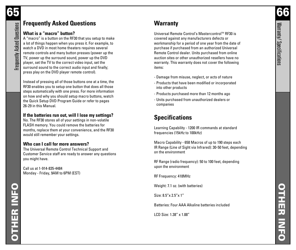 Other info, Frequently asked questions, Warranty | Specifications | Universal Remote Control (URS) RF30 User Manual | Page 34 / 35