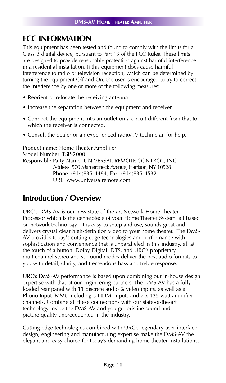 Fcc information, Introduction / overview | Universal Remote Control (URS) DMS-AV TSP2000 User Manual | Page 10 / 50