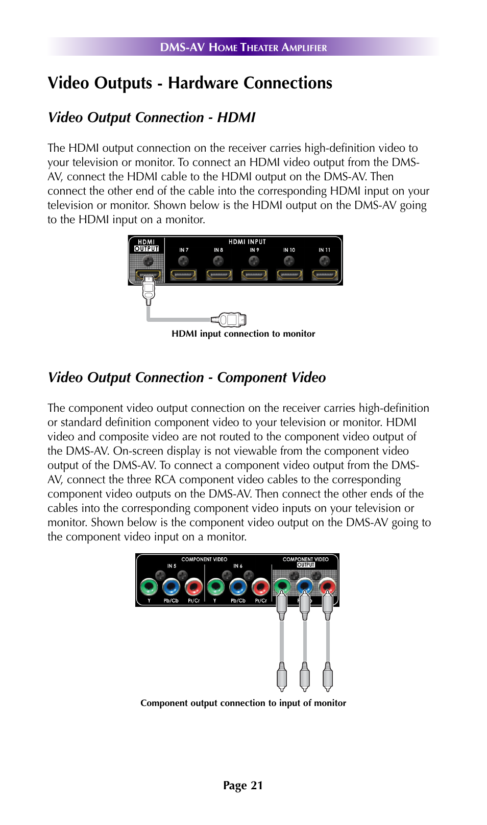 Video outputs - hardware connections, Video output connection - hdmi, Video output connection - component video | Universal Remote Control (URS) DMS-AV TSP2000 User Manual | Page 20 / 50