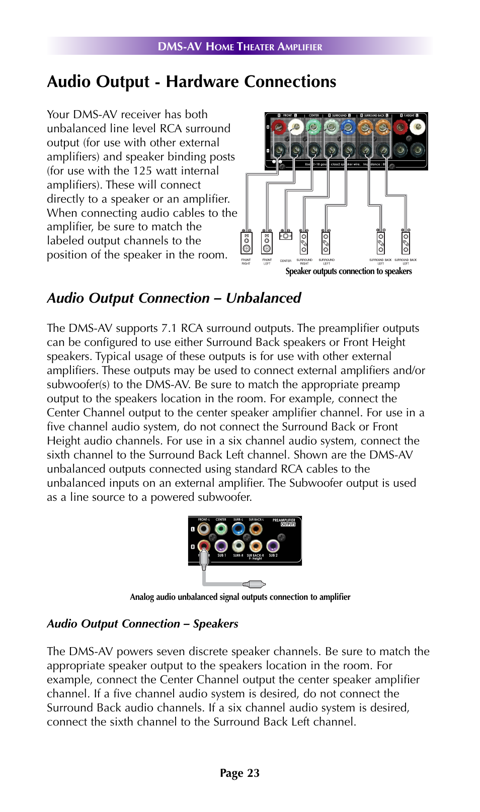 Audio output - hardware connections, Audio output connection – unbalanced | Universal Remote Control (URS) DMS-AV TSP2000 User Manual | Page 22 / 50