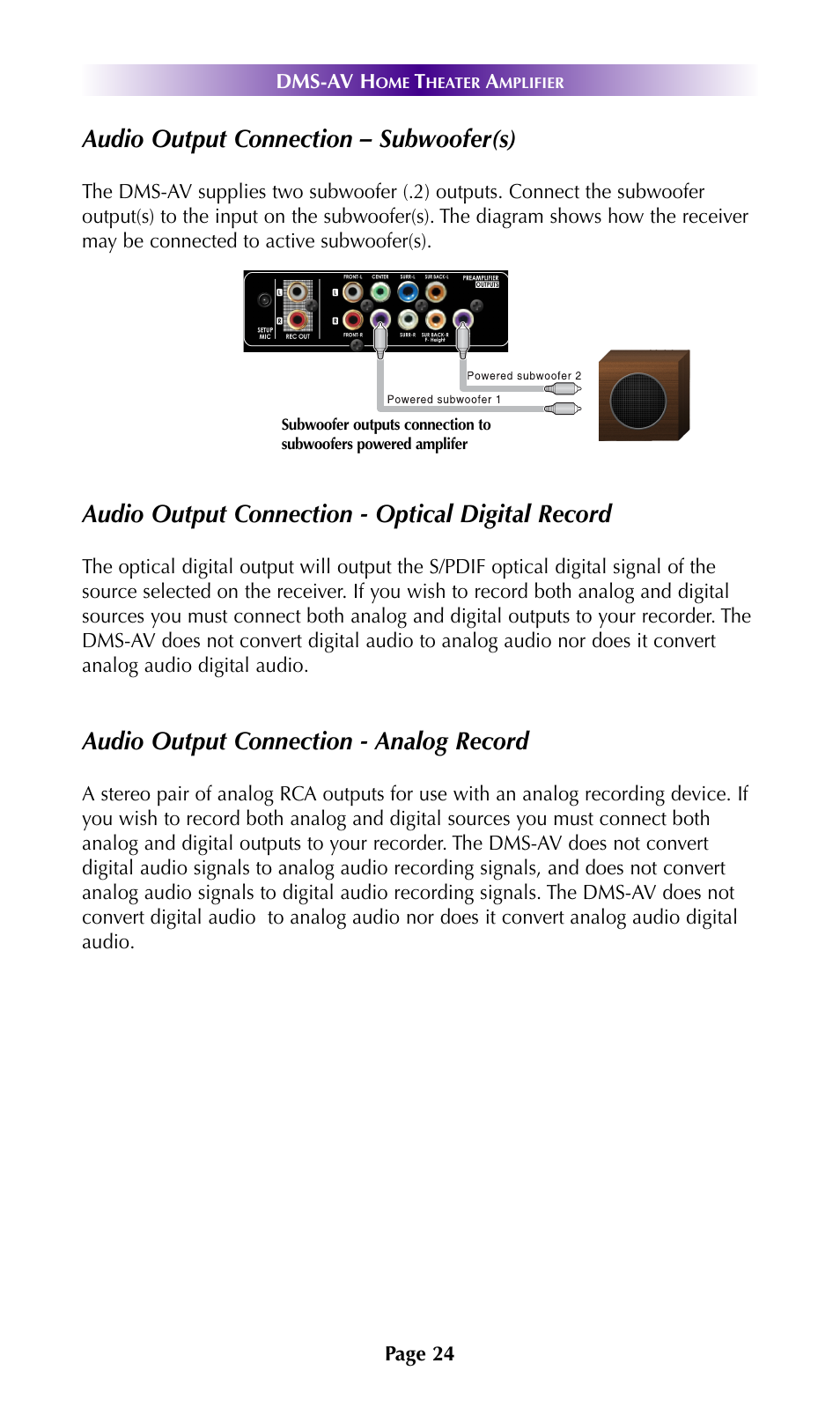 Audio output connection – subwoofer(s), Audio output connection - optical digital record, Audio output connection - analog record | Universal Remote Control (URS) DMS-AV TSP2000 User Manual | Page 23 / 50
