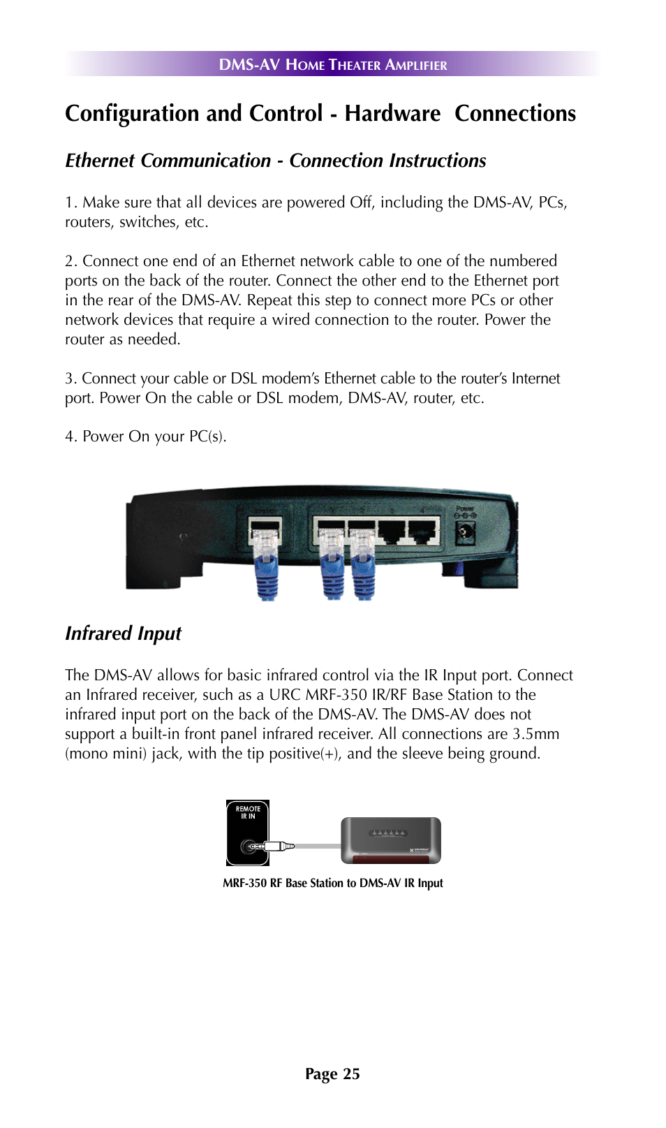 Configuration and control - hardware connections, Ethernet communication - connection instructions, Infrared input | Universal Remote Control (URS) DMS-AV TSP2000 User Manual | Page 24 / 50