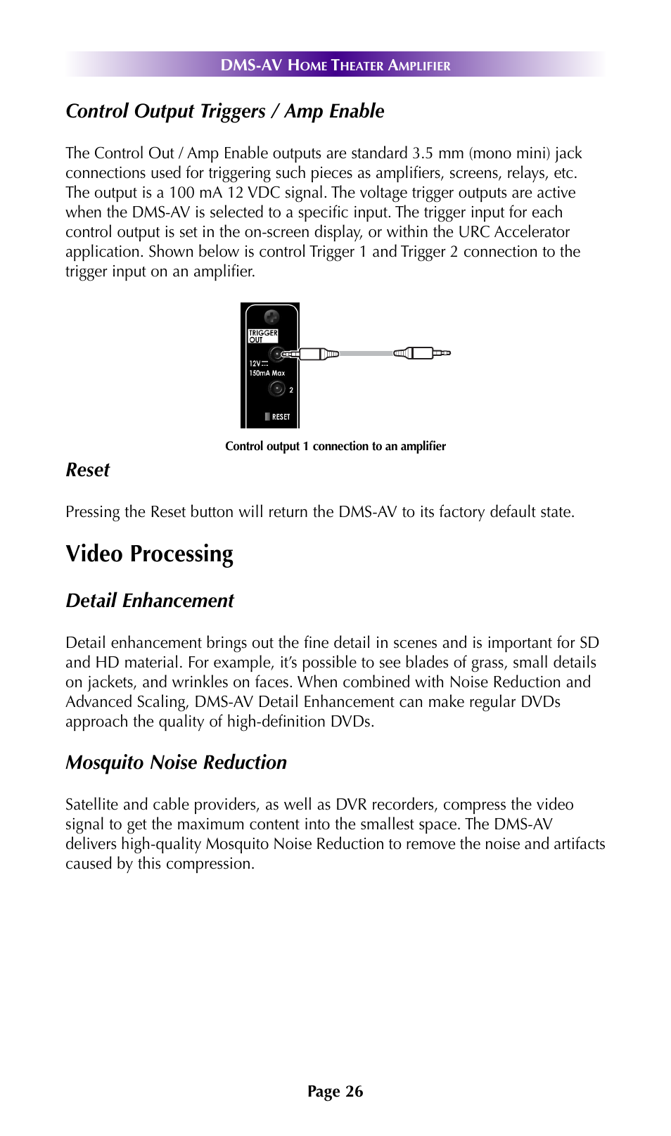 Video processing, Control output triggers / amp enable, Reset | Detail enhancement, Mosquito noise reduction | Universal Remote Control (URS) DMS-AV TSP2000 User Manual | Page 25 / 50
