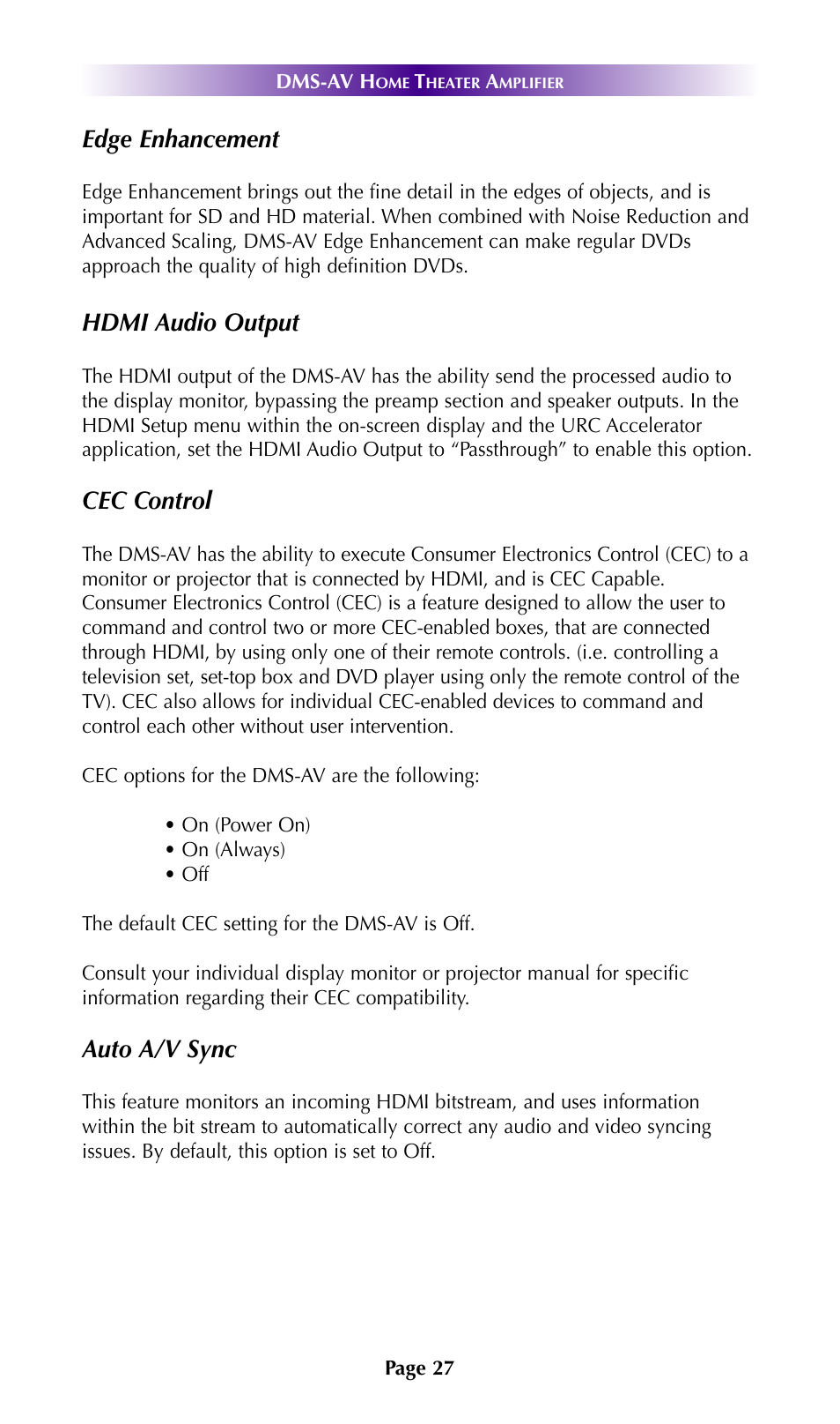 Edge enhancement, Hdmi audio output, Cec control | Auto a/v sync | Universal Remote Control (URS) DMS-AV TSP2000 User Manual | Page 26 / 50