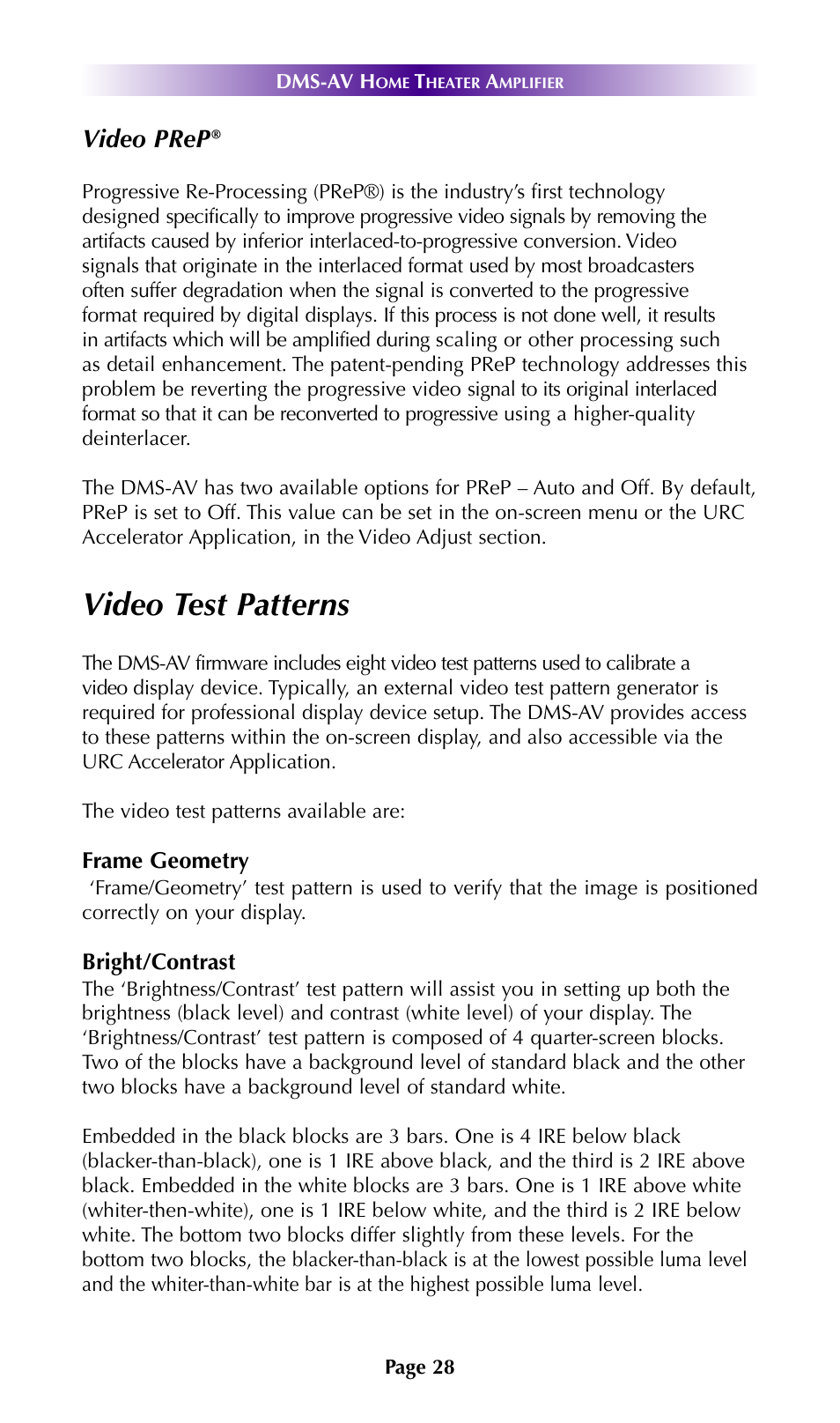 Video test patterns, Video prep | Universal Remote Control (URS) DMS-AV TSP2000 User Manual | Page 27 / 50