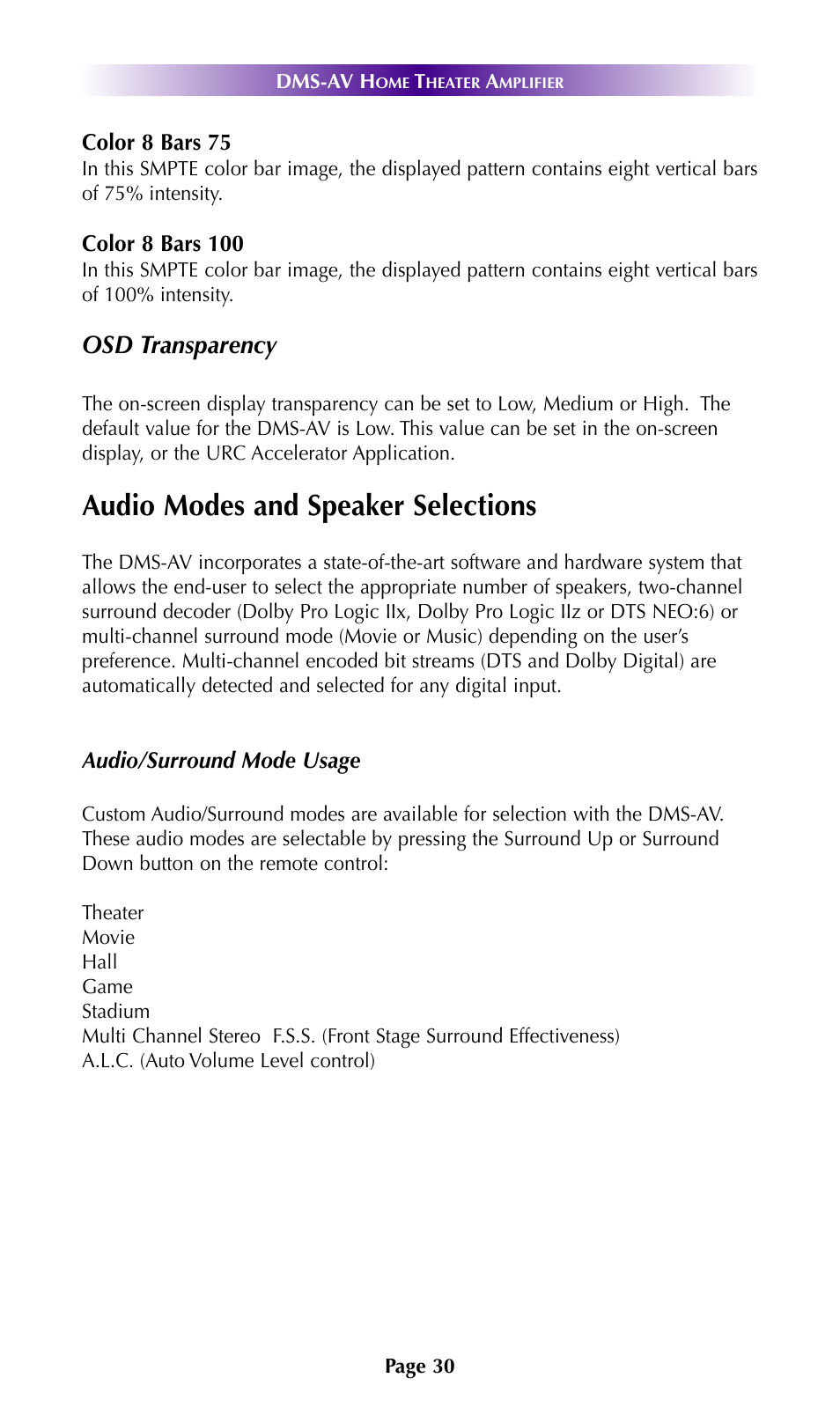 Audio modes and speaker selections, Osd transparency | Universal Remote Control (URS) DMS-AV TSP2000 User Manual | Page 29 / 50