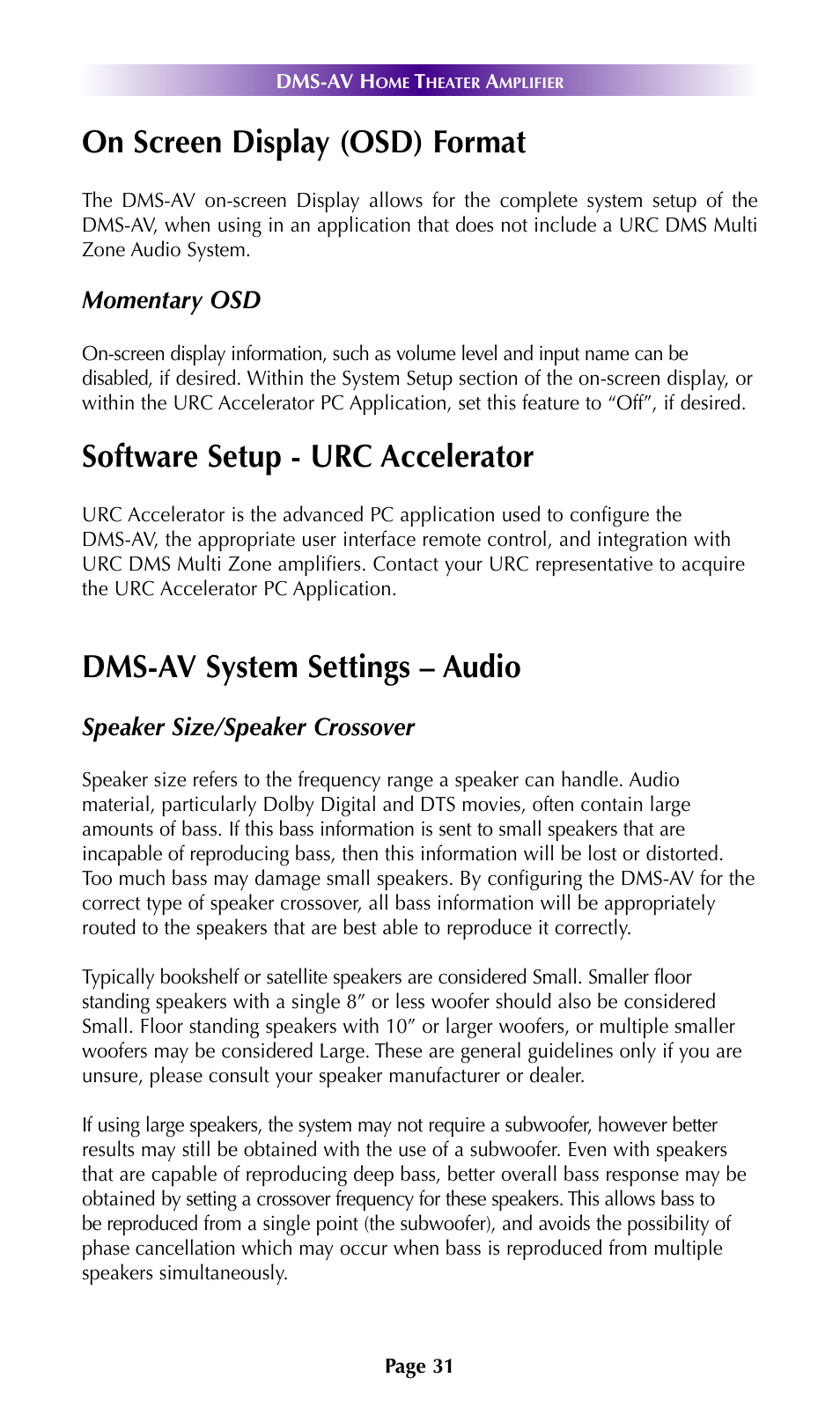 On screen display (osd) format, Software setup - urc accelerator, Dms-av system settings – audio | Universal Remote Control (URS) DMS-AV TSP2000 User Manual | Page 30 / 50