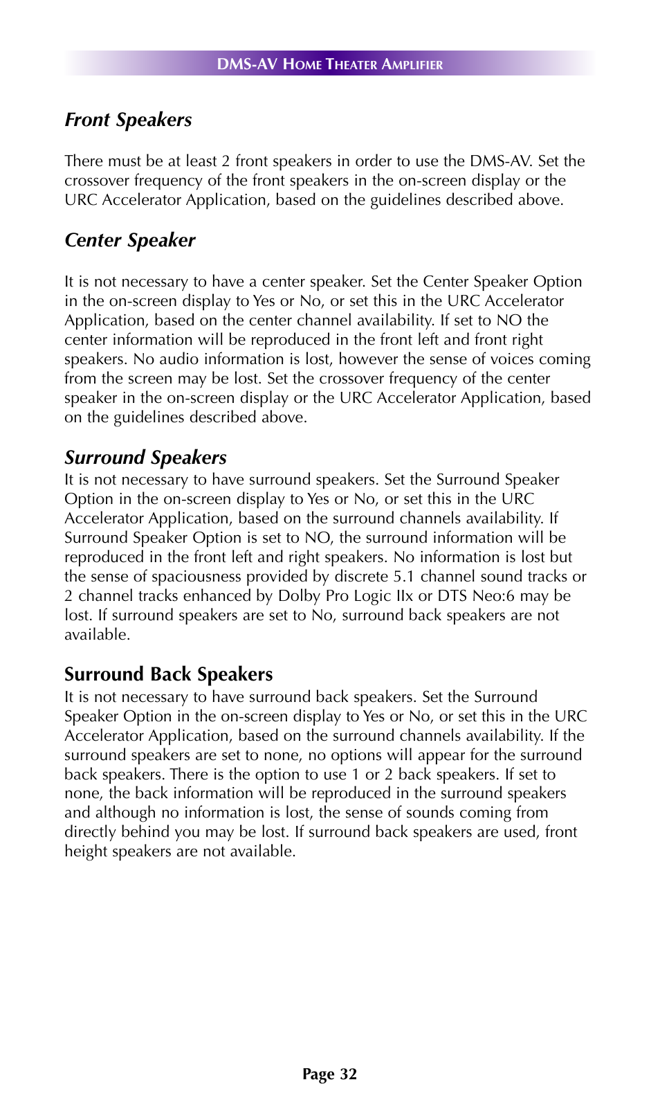 Front speakers, Center speaker, Surround speakers | Surround back speakers | Universal Remote Control (URS) DMS-AV TSP2000 User Manual | Page 31 / 50