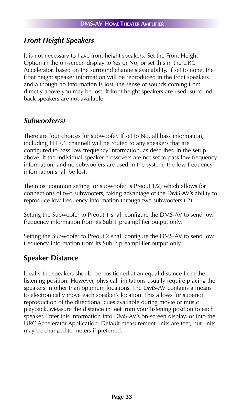 Front height speakers, Subwoofer(s), Speaker distance | Universal Remote Control (URS) DMS-AV TSP2000 User Manual | Page 32 / 50