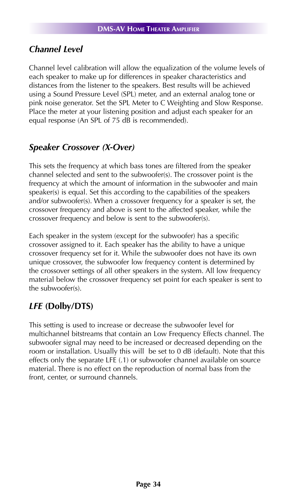 Channel level, Speaker crossover (x-over), Lfe (dolby/dts) | Universal Remote Control (URS) DMS-AV TSP2000 User Manual | Page 33 / 50