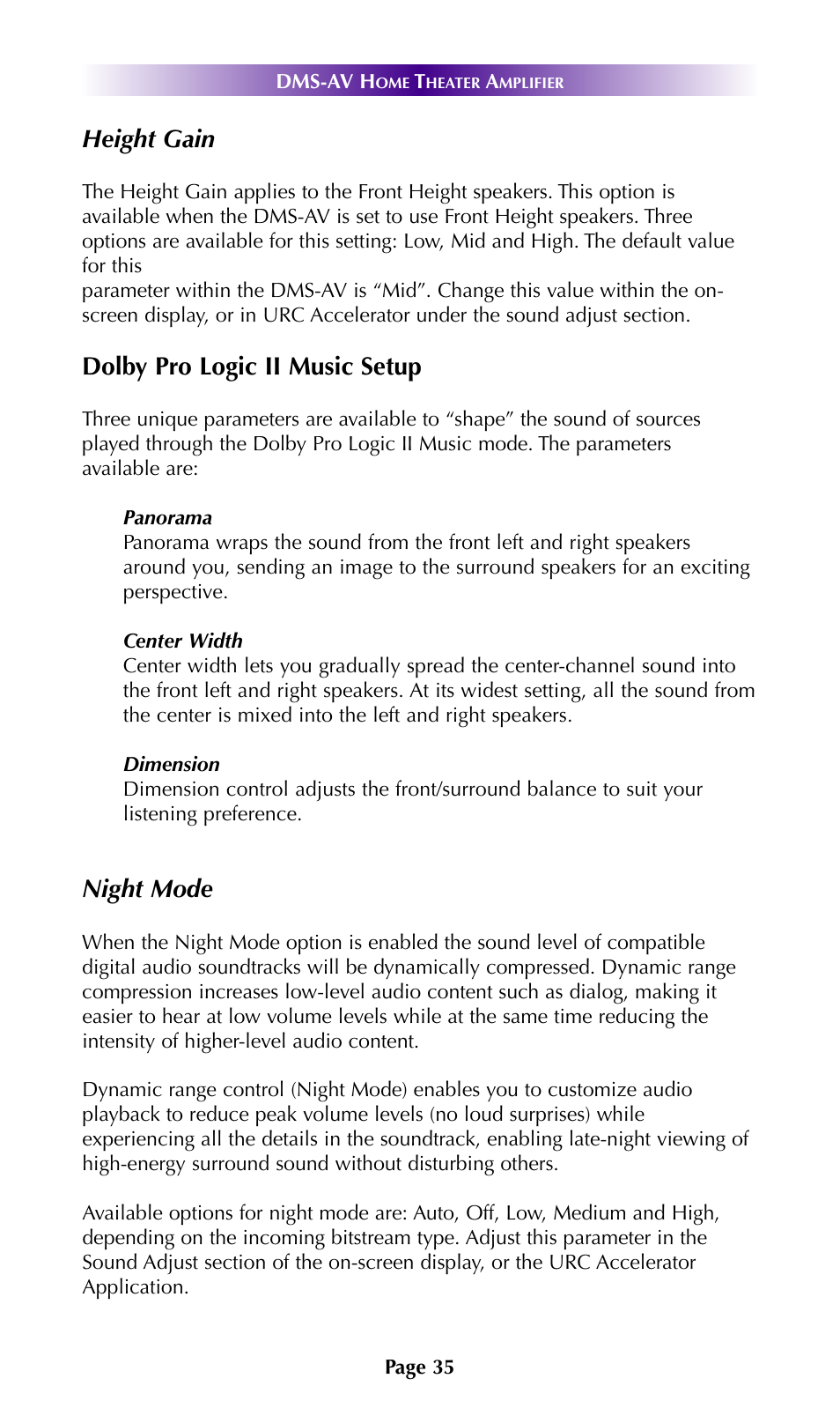 Height gain, Dolby pro logic ii music setup, Night mode | Universal Remote Control (URS) DMS-AV TSP2000 User Manual | Page 34 / 50