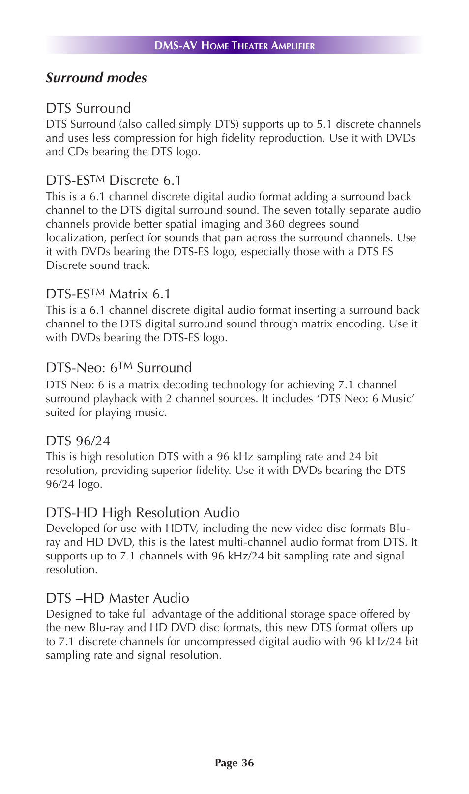 Surround modes dts surround, Dts-es, Discrete 6.1 | Matrix 6.1, Dts-neo: 6, Surround, Dts 96/24, Dts-hd high resolution audio, Dts –hd master audio | Universal Remote Control (URS) DMS-AV TSP2000 User Manual | Page 35 / 50