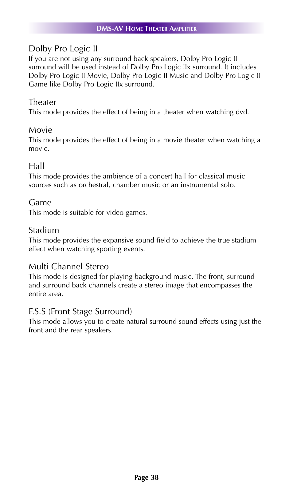 Dolby pro logic ii, Theater, Movie | Hall, Game, Stadium, Multi channel stereo, F.s.s (front stage surround) | Universal Remote Control (URS) DMS-AV TSP2000 User Manual | Page 37 / 50