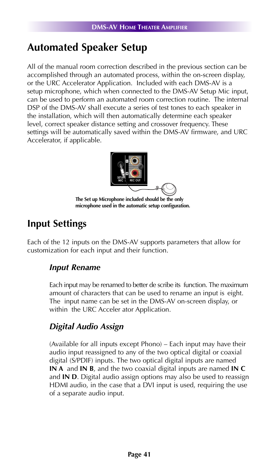 Automated speaker setup, Input settings, Input rename | Digital audio assign | Universal Remote Control (URS) DMS-AV TSP2000 User Manual | Page 40 / 50