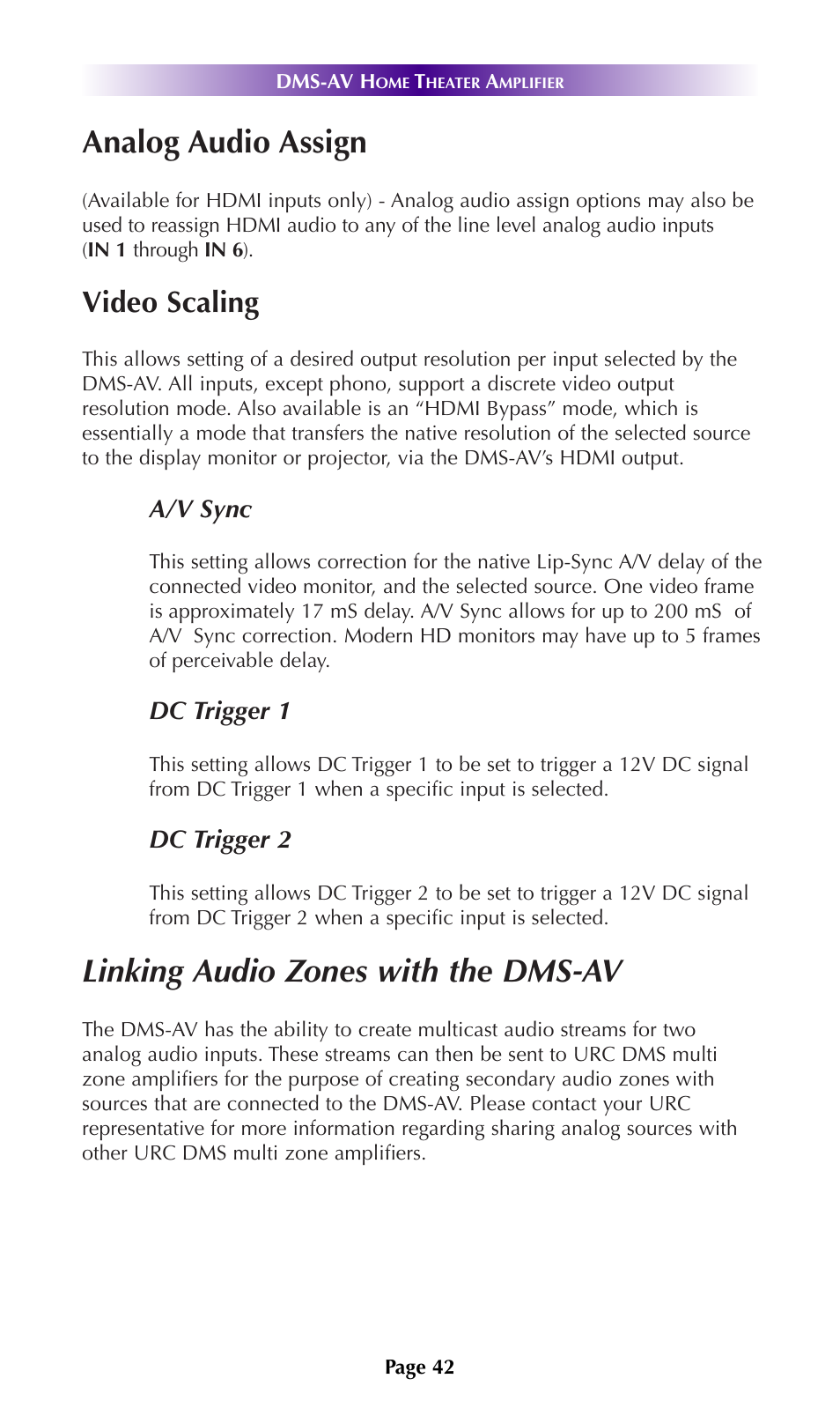 Analog audio assign, Linking audio zones with the dms-av, Video scaling | Universal Remote Control (URS) DMS-AV TSP2000 User Manual | Page 41 / 50