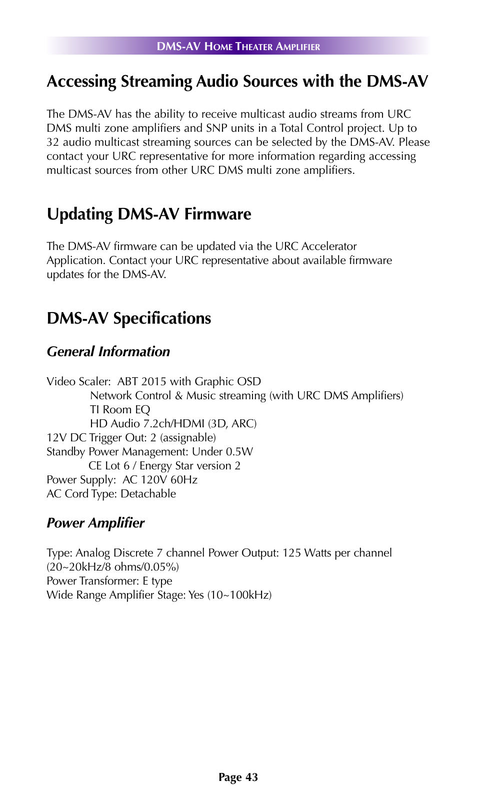 Accessing streaming audio sources with the dms-av, Updating dms-av firmware, Dms-av specifications | General information, Power amplifier | Universal Remote Control (URS) DMS-AV TSP2000 User Manual | Page 42 / 50