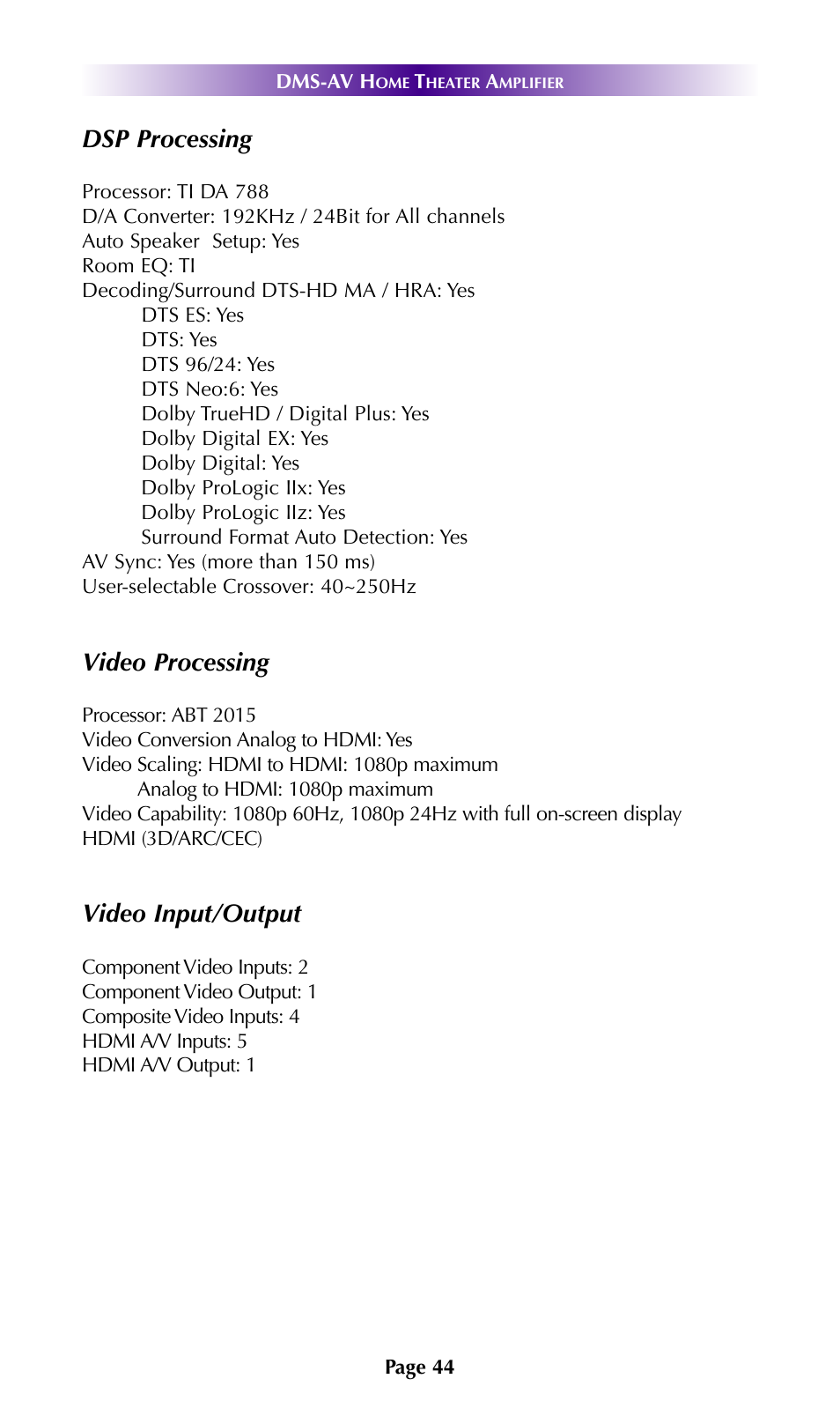 Dsp processing, Video processing, Video input/output | Universal Remote Control (URS) DMS-AV TSP2000 User Manual | Page 43 / 50