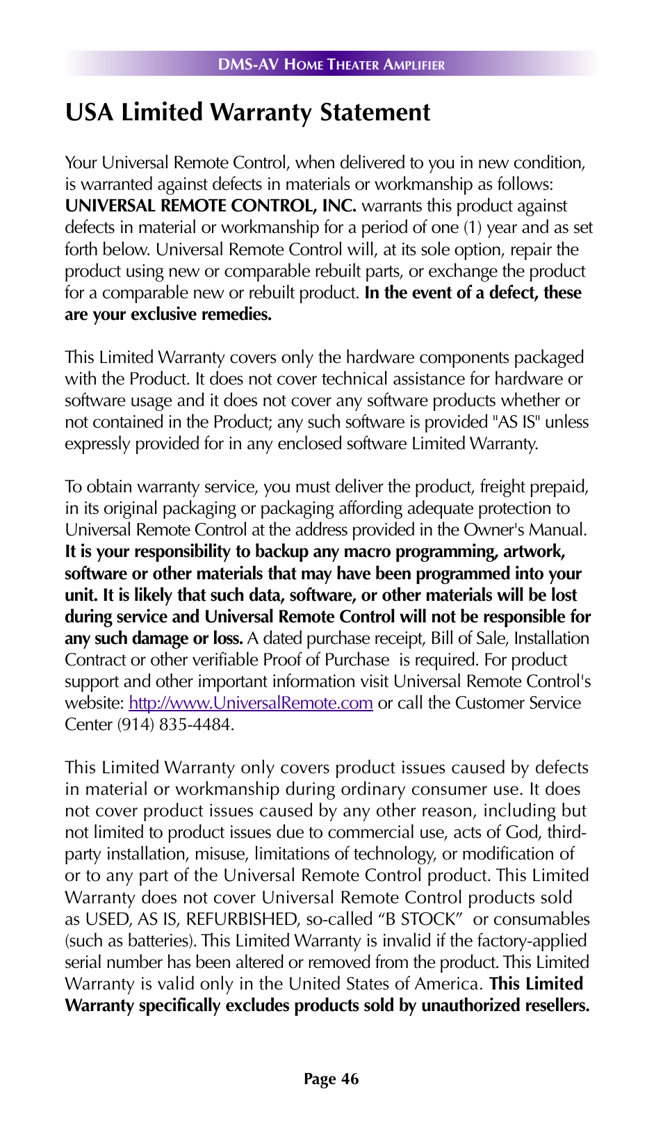 Usa limited warranty statement | Universal Remote Control (URS) DMS-AV TSP2000 User Manual | Page 45 / 50