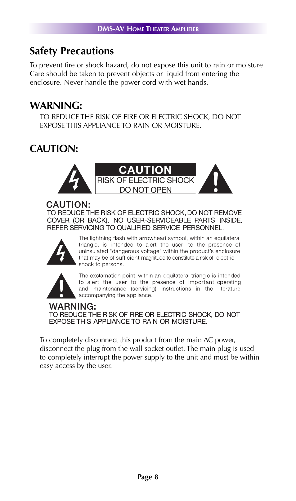 Safety precautions, Warning, Caution | Universal Remote Control (URS) DMS-AV TSP2000 User Manual | Page 7 / 50