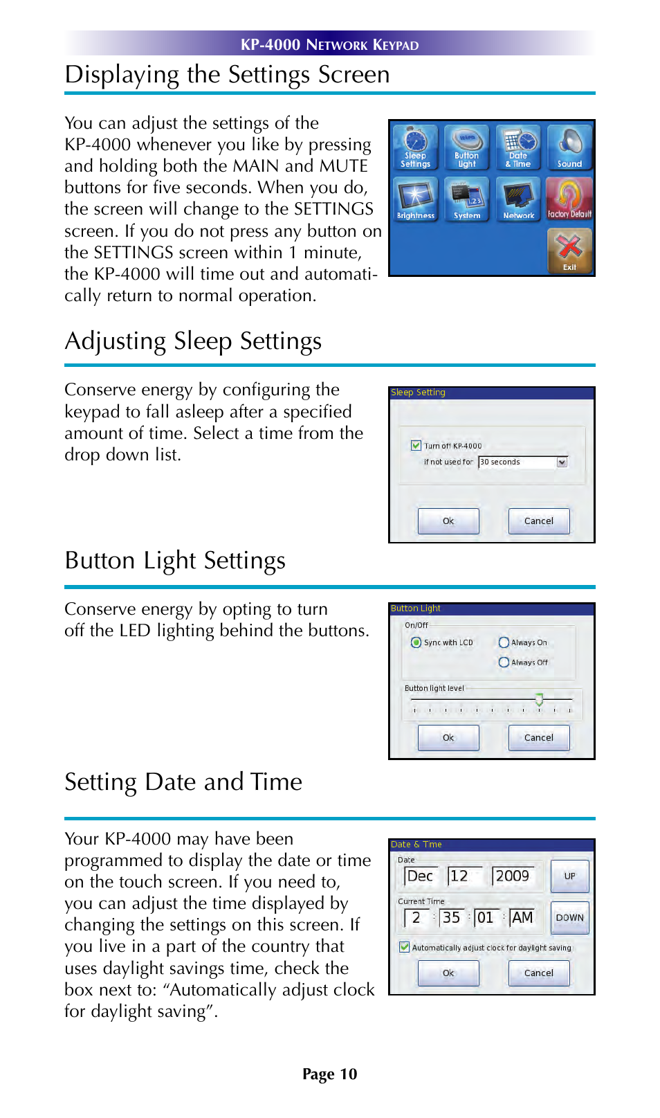 Displaying the settings screen, Adjusting sleep settings, Button light settings | Setting date and time | Universal Remote Control (URS) KP-4000 User Manual | Page 13 / 20