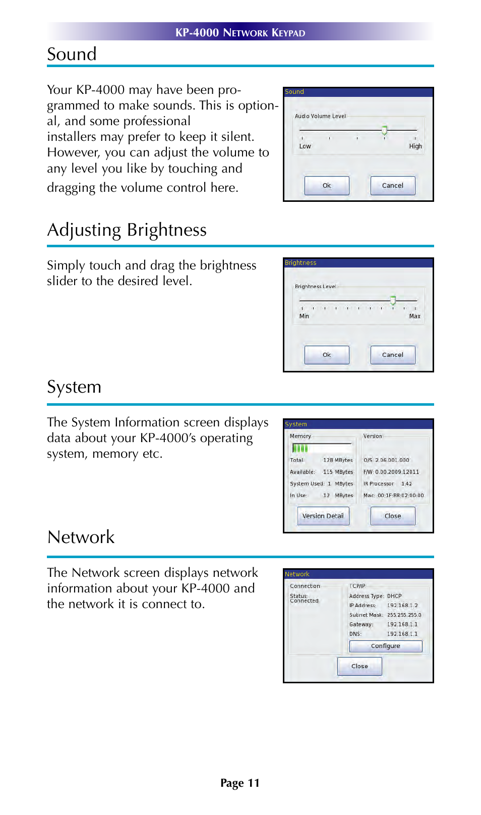 Sound, Adjusting brightness, System | Network | Universal Remote Control (URS) KP-4000 User Manual | Page 14 / 20