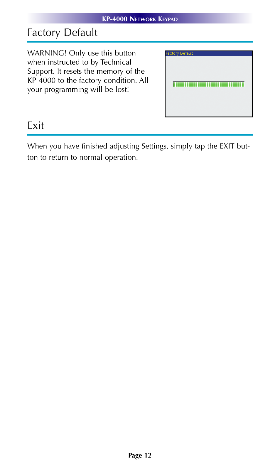 Factory default, Exit | Universal Remote Control (URS) KP-4000 User Manual | Page 15 / 20