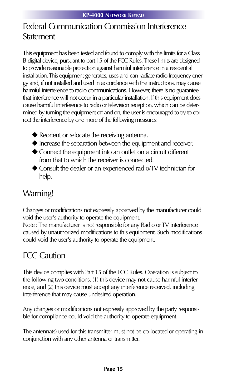 Warning, Fcc caution | Universal Remote Control (URS) KP-4000 User Manual | Page 18 / 20