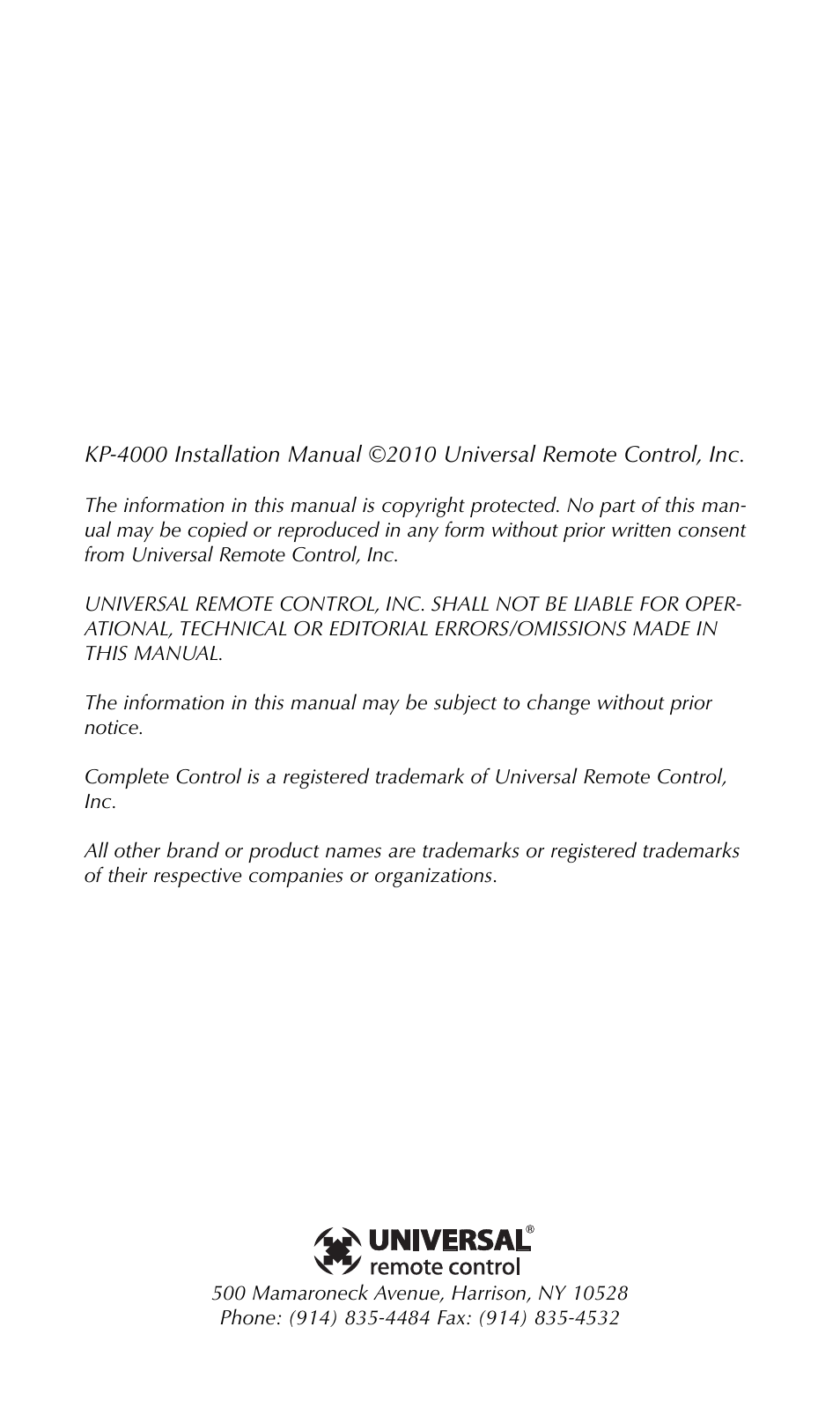 Universal Remote Control (URS) KP-4000 User Manual | Page 2 / 20