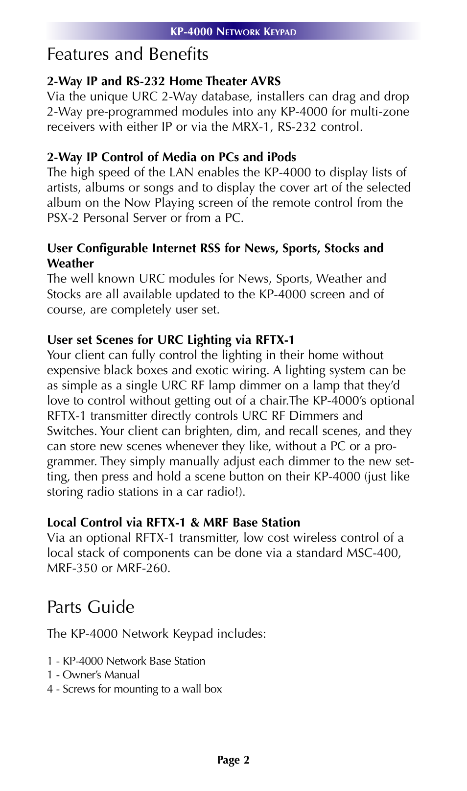 Features and benefits, Parts guide | Universal Remote Control (URS) KP-4000 User Manual | Page 5 / 20