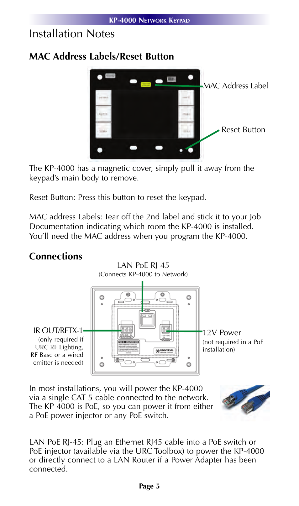 Mac address labels/reset button, Connections | Universal Remote Control (URS) KP-4000 User Manual | Page 8 / 20