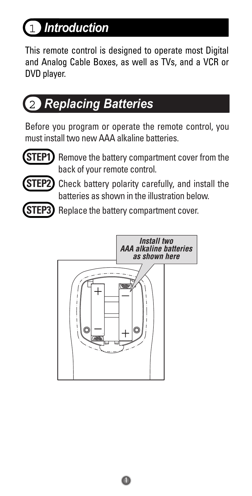 Introduction, Replacing batteries 2 | Universal Remote Control (URS) UR3-SR2 User Manual | Page 3 / 20