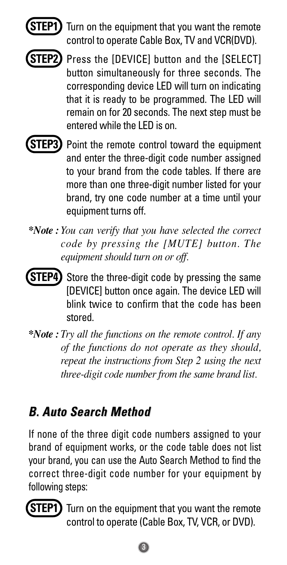 B. auto sear, B. auto sear ch method ch method | Universal Remote Control (URS) UR3-SR2 User Manual | Page 5 / 20