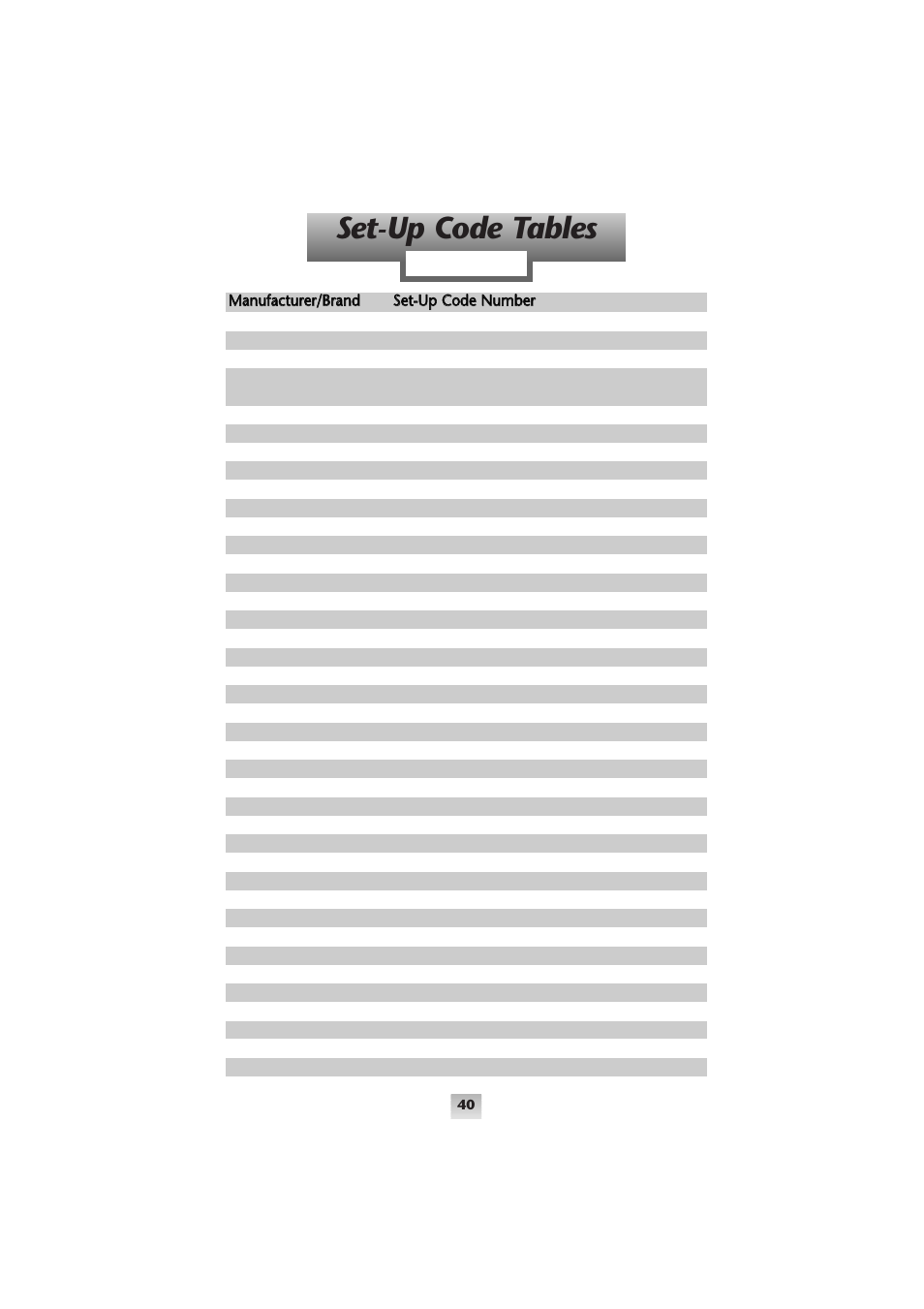 Set-up code tables, Audio | Universal Remote Control (URS) Home Theater Master SL-9000 User Manual | Page 41 / 59