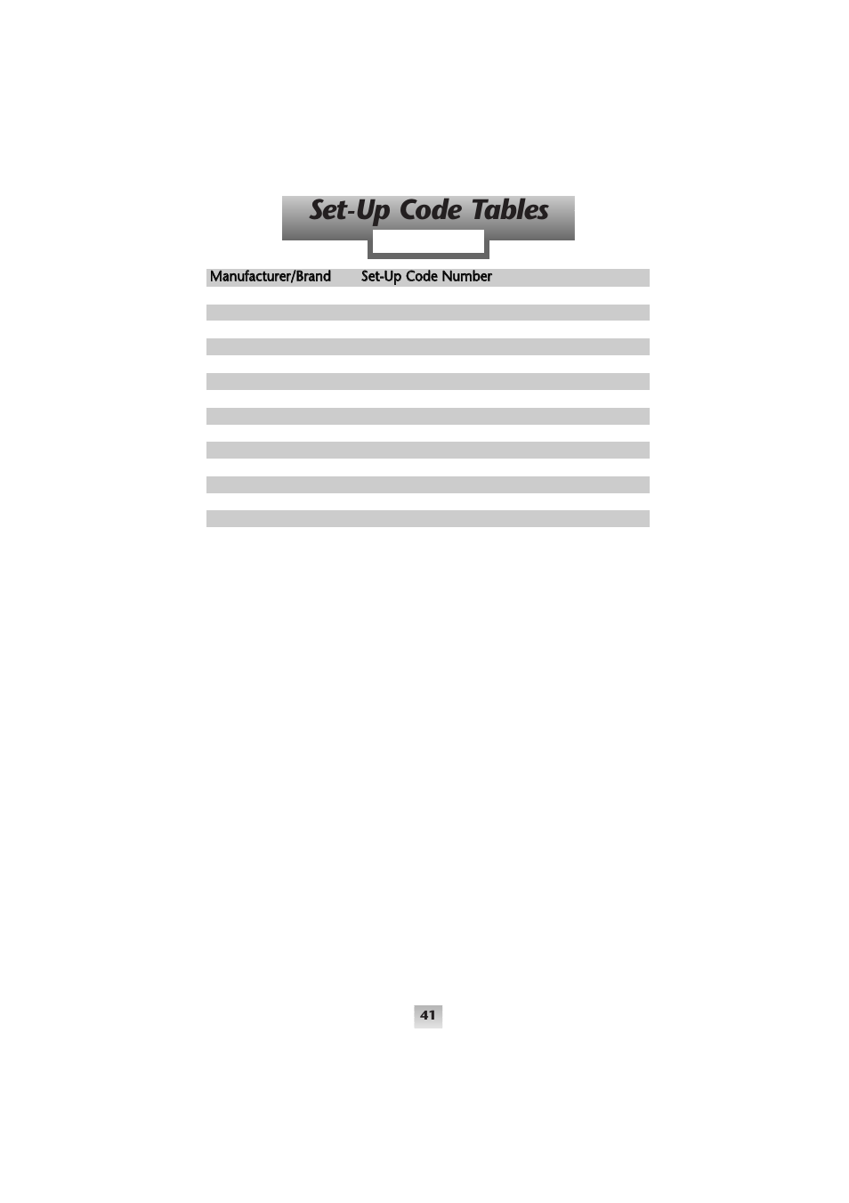 Set-up code tables, Audio | Universal Remote Control (URS) Home Theater Master SL-9000 User Manual | Page 42 / 59